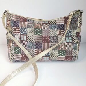 Vtg‎ SAS Tapestry Shoulder Bag Purse GOLD Leather Trim Glitter Thread Patchwork